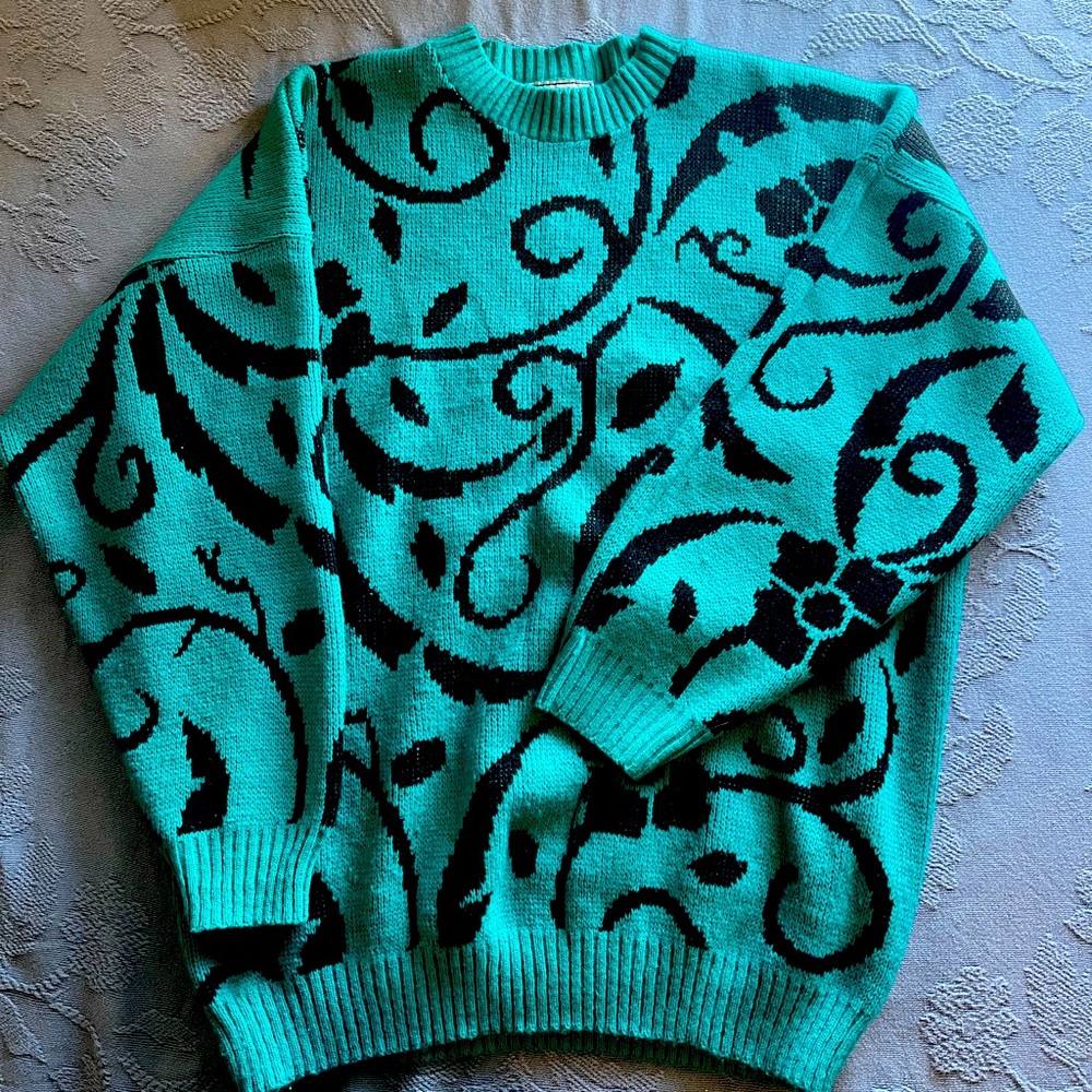 Vintage women’s sweater Johnathan Cass teal and black Sz 20w